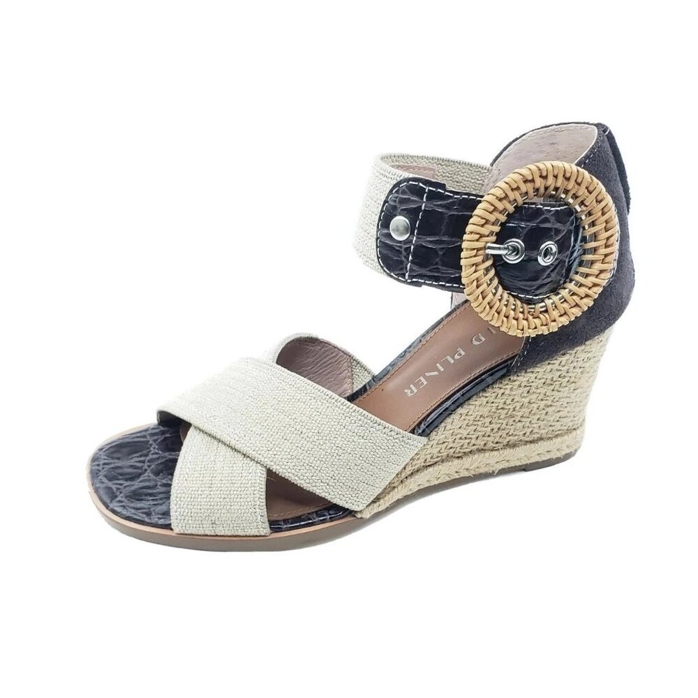 Donald J Pliner Lyrah Wedge Sandal Beige Black Canvas Leather Raffia Buckle US 5